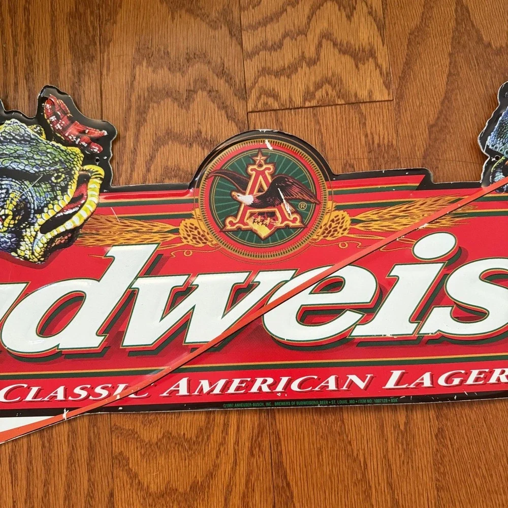 VINTAGE BUDWEISER LIZARDS FROG METAL SIGN 31 in X 9 in